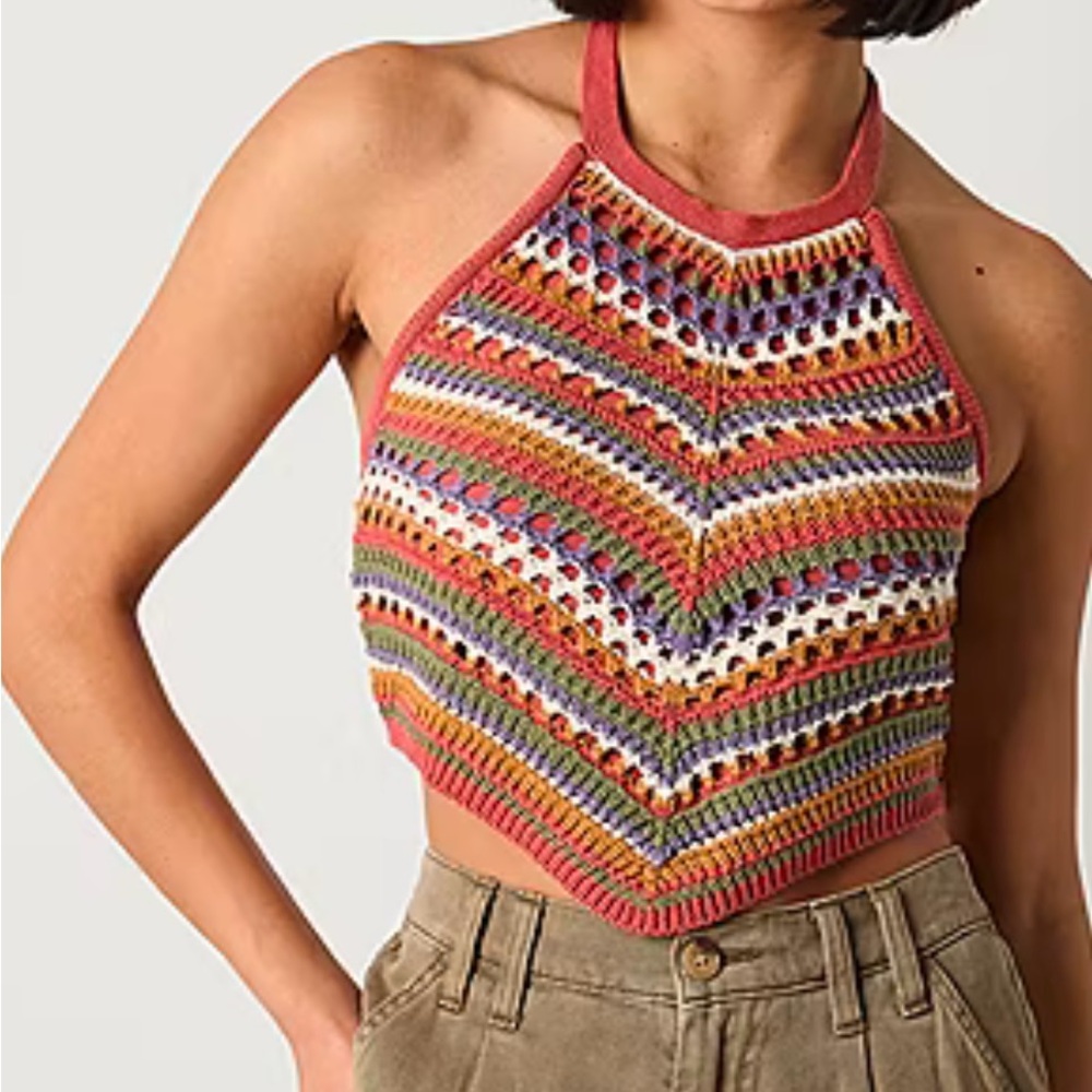 Arizona Multicolor Crochet Halter Top Tank Chevron Stripe Boho Festival Sz M